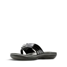 Breeze Sea Black Synthetic Patent - Women's Flip Flop Sandals - Clarks® Shoes Official Site | Clarks Elegant Black Flip Flops For Vacation, Elegant Adjustable Black Flip Flops, Beach T-strap Sandals With Toe Loop And Arch Support, Black Slip-on T-strap Sandals For Beach, Adjustable T-strap Sandals With Arch Support For Beach, Black Toe Loop Sandals With Arch Support, Black Toe Loop Flip Flops For Beach, Black Toe Loop Sandals For Beach, Shoe Tree