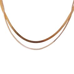 Penelope is a double layered herringbone and box chain necklace. This beautiful necklace will be your new go-to for every day at home, work, or special events. Wear it alone for a minimal look or style it with longer necklace layers. Product Features: Material: 18K gold plated alloy Length: Chains measure 14.5", 16" and can be adjusted an extra 2.5" for 18.5" total length Two layer necklace Lobster claw clasp Two Layer Necklace, Necklace Layers, Tiny Pearl Necklace, Silver Cat Pendant, Tech Jewelry, Charm Choker Necklace, Cat Pendant Necklace, Heart Shaped Pendant Necklace, Layered Chain Necklace