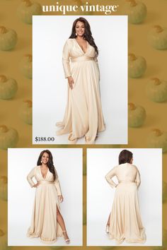 This gorgeous dress is crafted in a champagne colored satin. The deep V-neck is framed by long sleeves, while the draped maxi skirt boasts a sultry side slit. Outfitted with a back zipper!.This is a Special Occasion Order item, please allow a 2-3 day handling time..Available in sizes 4-20 while supplies last. | Plus Size Champagne Long Sleeve Sophisticated Goddess Gown | Size 18 Goddess Gown, Drape Gowns, Champagne Color, The Deep, Deep V Neck, Gorgeous Dresses, Unique Vintage, Size 16, Maxi Skirt