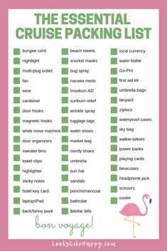 a pink and green list with the words, the essential cruise packing list