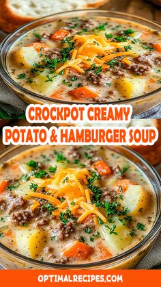 two bowls of crockpot creamy potato and hamburger soup with bread in the background