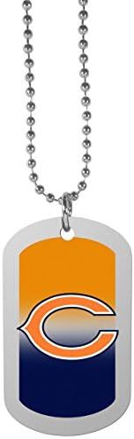 the chicago bears dog tag necklace has an orange and blue stripe with a football logo on it