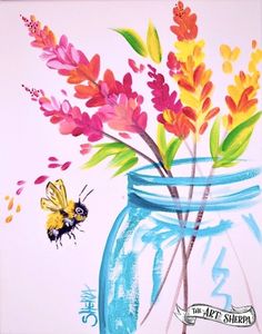 a painting of flowers and a bee in a mason jar