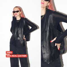 "VINTAGE black leather vest 1990s | oversized leather vest | thick leather vest | premium vintage leather vest 👉 made in 1990s 👉 100% real leather 👉 buckle regulated on the back 👉 oversize fit - fits many sizes (see measurements!) 👉 true vintage piece - only 1 available! 📏 MEASUREMENTS: Width (under armpits) 58cm/23\" Length (from the neckline to the bottom) 65cm/25.5\" Model is 172cm/5'8 and usually wears size S. ✨ CONDITION: Vintage excellent - no spots, no fabric rips 🧵 FABRIC: shell: Sleeveless Black Leather Jacket For Fall, Winter Streetwear Leather Vest, Leather Vest For Fall Streetwear, Fall Streetwear Leather Vest, Leather Vest For Streetwear In Fall, Black Leather Spring Vest, Black Leather Vest For Spring, Vintage Black Vest For Spring, Black Vintage Vest For Spring