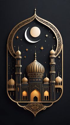 an intricately designed paper cut design with the moon and mosques in gold, on a black background