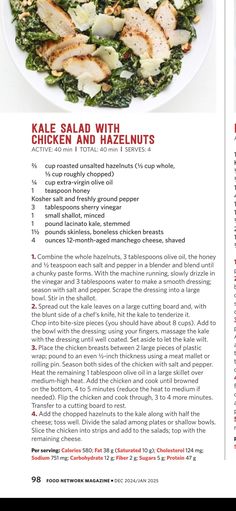 the recipe for kale salad with chicken and hazelnuts is shown in this brochure