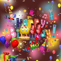 the birthday cake is surrounded by balloons and streamers in front of a black background