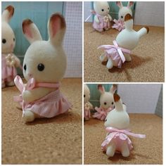 several pictures of stuffed animals with pink bows on their heads and tails, including one bunny in a dress