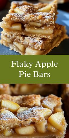 some apple pie bars stacked on top of each other with the words, flaky apple pie bars