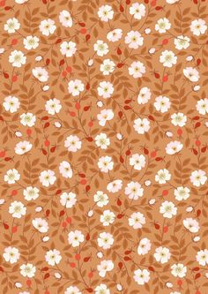 an orange background with white and pink flowers on it's sides, all in different sizes