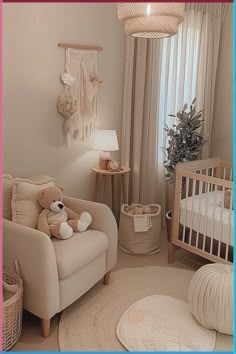 a baby's room with a crib, chair and teddy bear in it