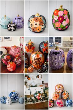 there are many pumpkins decorated with flowers and words on the top one is painted in different colors