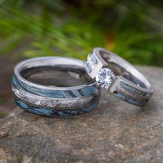 Blue Ring Set with Meteorite and Mokume Gane Native Wedding Rings, Titanium Engagement Ring, Wedding Rings Matching, Titanium Engagement Rings, Latest Ring Designs, Western Wedding Rings, Meteorite Wedding Rings, Mokume Gane Ring, Rings Matching