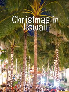 palm trees with the words christmas in hawaii over it and people walking around them at night