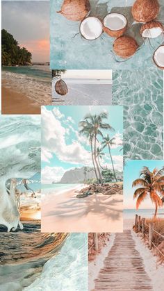 a collage of photos with coconuts, water and other things in the background