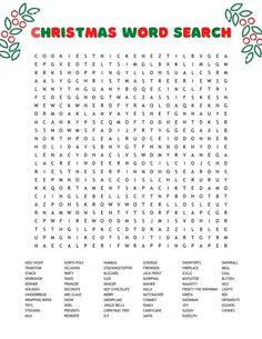 a christmas word search is shown with holly branches and berries on the bottom right corner