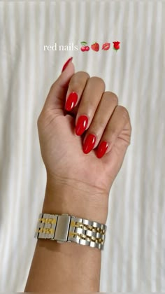 Almond Shape Red Nails Designs, Red Almost Nails, Nails W Red Dress, Red Nail Almond Shape, Red Almond Nails Summer, Red Almond Shaped Nails Design, Red Nails For Olive Skin Tone, Big Apple Red Almond Nails, Red Almond Nails Black Women