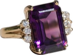 Classic Purple Rings For Formal Occasions, Classic Purple Diamond Ring For Formal Occasions, Classic Amethyst Diamond Ring In Yellow Gold, Purple Emerald Cut Ring For Formal Occasions, Formal 14k Gold Amethyst Ring With Center Stone, Formal Purple Emerald Cut Ring, Formal 14k Gold Amethyst Ring With 17 Jewels, Classic Emerald Cut Amethyst Ring For Formal Occasions, Classic Emerald Cut Amethyst Ring For Formal Events