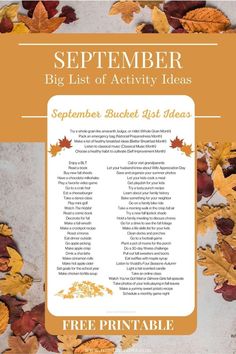 a flyer with leaves on it and the words,'autumn bucket list ideas '