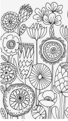 a coloring page with flowers and plants in black and white, on a white background