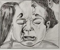 a pencil drawing of two people with their faces close together, one is kissing the other