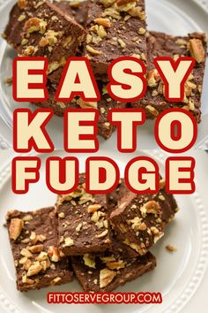 easy keto fudge brownies on a white plate with the title overlay