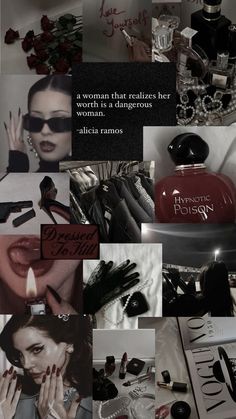 a collage of photos with women's perfumes and other things in them