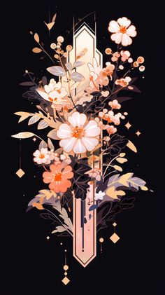 an abstract painting with flowers and geometric shapes on black background, in the style of art deco