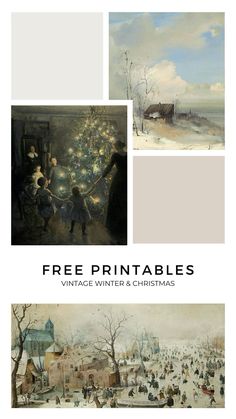 three pictures with the title free printables for vintage winter and christmas paintings on them