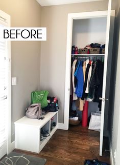 an open closet with clothes and bags on the shelves, before and after it was cleaned