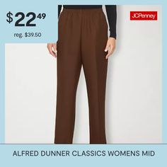 Alfred Dunner is known for their modern tailoring and style, and this pair of women's pants stay true to the brand's heritage. Made from a soft woven fabric in a relaxed-fit with straight legs, they have a comfortable elastic-waistband, a pleated front, and side pockets. Wear with a button-down or t-shirt and flat shoes.Front Style: Pleated FrontClosure Type: Elastic, Full ElasticFit: Relaxed FitPockets: 2 Side Slip PocketsRise: Mid RiseFiber Content: 100% PolyesterFabric Description: WovenInse… Elegant Pull-on Pants For Daywear, Classic Bottoms For Daywear, Classic Long Pants For Daywear, Daywear Bottoms With Welt Pockets, Classic Non-stretch High-waisted Pants, Classic Daywear Bottoms With Pockets, Classic Ankle-length Wide Leg Pants For Daywear, Classic Pull-on Style Bottoms For Fall, Classic Relaxed Fit Bottoms For Daywear