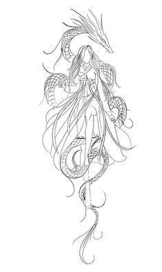 a drawing of a woman with long hair and a dragon on her back, in black and