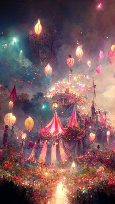 a carnival with lots of lights and balloons in the sky