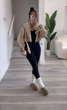 Snow Casual Outfit, Date Outfits Restaurant, Movie Night Comfy Outfit, Boots And Trench Coat Outfit, Fall And Winter Outfits Work, Jean Skirt With Tights Outfit, Uggs And Dresses Outfit, Fall Lookbook Outfits, 55 Degree Weather Outfit Casual