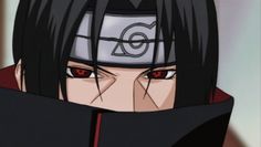 an anime character with black hair and red eyes