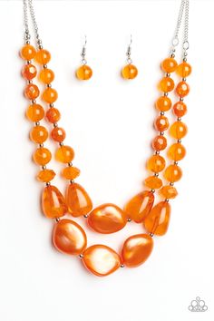 BEACH GLAM - ORANGE Varying in shape and opacity, a refreshing collection of glassy and iridescent Amberglow beads layer below the collar for a boldly colorful look. Features an adjustable clasp closure. Sold as one individual necklace. Includes one pair of matching earrings. P2ST-OGXX-043XX ORDERED 12 AUG 20 Beach Glam, Coordinates Jewelry, Amber Bead Necklace, Orange Jewelry, Orange Necklace, Acrylic Necklaces, Green Gems, Color Naranja, Paparazzi Accessories