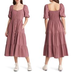 Size: Xs (Runs Large) Bust: 32-34 In. Waist: 26 In. Details & Care This Sweetly Tiered Dress Is Made From Smooth Woven Cotton With Romantic Puff Sleeves And A Smocked Back For A Custom Fit. 47" Length Sweetheart Neck Elbow-Length Sleeves 100% Cotton Machine Wash, Line Dry Imported Item #7244114 Brown Summer Dresses, Bond Dress, Green Cotton Dress, Womens T Shirt Dress, Midi Tank Dress, Ruched Bodycon Dress, Oversized Dress, Tiered Midi Dress, Apron Dress