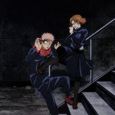 two anime characters sitting on some stairs in front of a dark background, one holding his hand up to his face