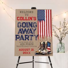 This rustic going away / farewell military party sign, printed on foam core board, is PERFECT to display indoor or outdoor for your guests to celebrate & say "see ya later" to your Soldier, Airman, Guardian, Marine, Sailor, Guardsman, or Cadet! Designed by a proud Air Force Mom ♥ ✈️ Personalize sign template with your custom wording - featuring a rustic kraft background with dripping USA Flag and watercolor flag combat boots! Include this display sign in your military going away party decorations order from my store, and check out the matching invitation & décor supplies available to make your celebration complete! Custom design requests are always welcome: contact@figandlilyco.com. From this proud military family to you and yours, we send our blessings and sincere thanks for the service, Army Decorations Party, Enlistment Party, Us Navy Party, Deployment Party, Camp Party, Army Decor, Military Party, Navy Party, Welcome Home Parties