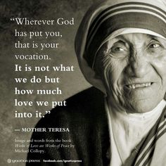 an old woman with a striped headdress and quote from mother teresa on her face