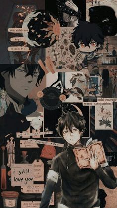 a collage of anime characters with many pictures on the wall and one person holding a book