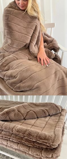 a woman wrapped in a blanket sitting on top of a white chair next to another photo