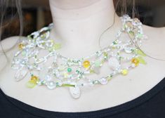 "Inspired by the necklace worn by Sarah (played by Jennifer Connelly) in the masquerade ball scene in the 1986 movie \"Labyrinth.\" This piece is created using a variety of clear, aurora borealis and pearl beads, with accents of green and yellow beads. Due to the hand-made nature of this piece, it will not look exactly as the one in the photo. Each piece is completely unique in an attempt to emulate the eclectic, uneven feel of the original necklace. This is perfect if you wish to dress up as Sa Whimsical Party Choker Jewelry, Unique Party Necklaces, Fantasy Choker Necklace For Cosplay, Fantasy Style Cosplay Choker Necklace, Masquerade Necklace, Labyrinth Masquerade Ball, Labyrinth Masquerade, Sarah Labyrinth, Ball Scene