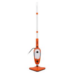 an orange and white steam mop on a white background