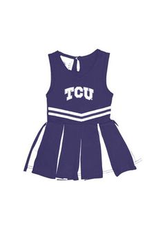 This Purple Cheer Set features a infant purple cheer dress with mascot embroidery. Youll love dressing up your future Horned Frogs fan in this TCU Horned Frogs Baby Purple Logo Cheer Cheer Set. Sporty Sleeveless Top For School, Collegiate Sleeveless Tops For Cheerleading, Sleeveless Team Spirit Tops For College, Collegiate Sleeveless Tops For Game Day, Collegiate Sleeveless Top With Team Logo, Sleeveless College Tops With Team Spirit, Sleeveless Team-colored Tops For College, Sleeveless Tops For College With Team Spirit, White Sleeveless Top With Team Logo