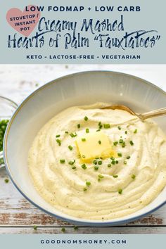 low fodmap low carb mashed hearts of palm "fauxtatoes" in a blue and white bowl with a spoon Mashed Hearts Of Palm Recipe, Low Fodmap Thanksgiving, Keto Mashed Potatoes, Recipes Low Fodmap, Meatloaf With Gravy, Low Carb Potatoes, Low Sugar Desserts