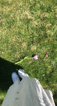 a person standing on top of a lush green field next to a purple tulip