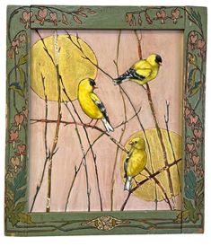 a painting of three yellow birds perched on branches