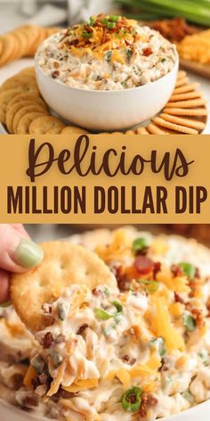 a bowl filled with cheese and crackers on top of a plate next to the words delicious