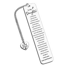 a bookmark with a heart charm attached to it's side and an i love mom poem on the front